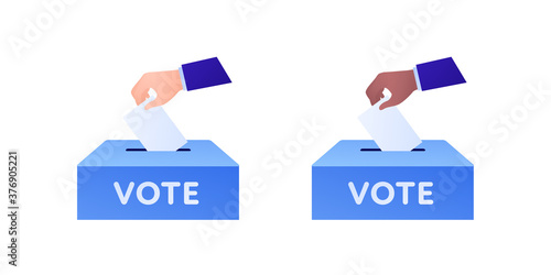 Democratic vote and election day concept. Vetcor flat illustration set. Human hand drop vote paper to box. Caucasian and african american skin color. Design for campaign, web, infographic.