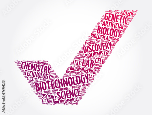 Biotechnology check mark word cloud collage, concept background