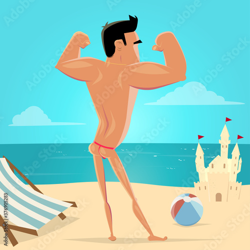 cartoon illustration of a muscular athlete posing at the beach