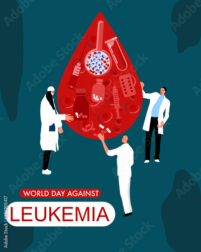 World Leukemia Day concept. Drop of blood with Erythrocytes,leukocytes, pills,tablets,medical tools.Tiny doctors make laboratory tests and cure.Hemophilia or Leukosis.Online medical consultation