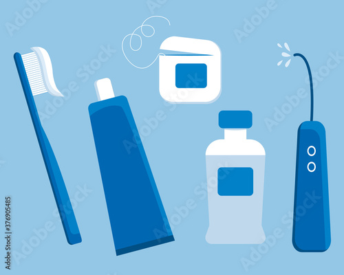 Set of teeth hygiene items: toothbrush, toothpaste, floss, oral flosser. and mouthwasher with sign DENTAL CARE. In blue colors. Vector