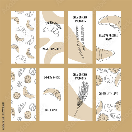 Set of flyers with bakery products (bun, croissant). Vector continuous line art. Perfect for bakery shop logo, business cards, cafe menu, restaurant banners, food flyers, icon, packaging design, label