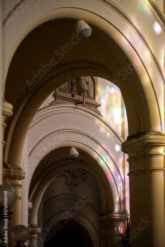 Colorful reflection of stained glass in church