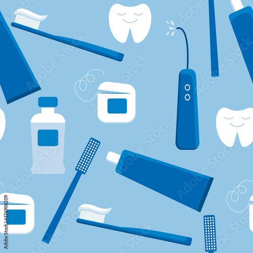 Seamless pattern with teeth hygiene items: toothbrush, toothpaste, floss, oral flosser and mouthwasher. In blue colors. Vector illustration