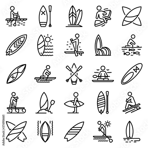 Sup surfing icons set. Outline set of sup surfing vector icons for web design isolated on white background