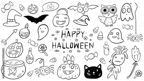 Hand draw illustration doodle style   word Happy Halloween decorated with cute cartoon, spooky, scary ghost, candy, witch hat, voodoo doll, spider.