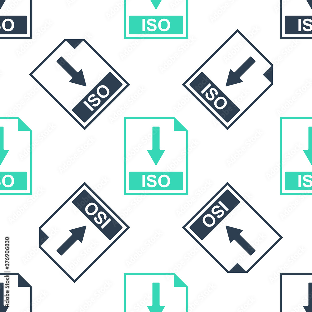 Green ISO file document icon. Download ISO button icon isolated seamless pattern on white background. Vector. Green ISO file document icon. Download ISO button icon isolated seamless pattern on white background. Vector.