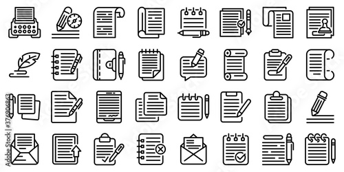 Writing icons set. Outline set of writing vector icons for web design isolated on white background