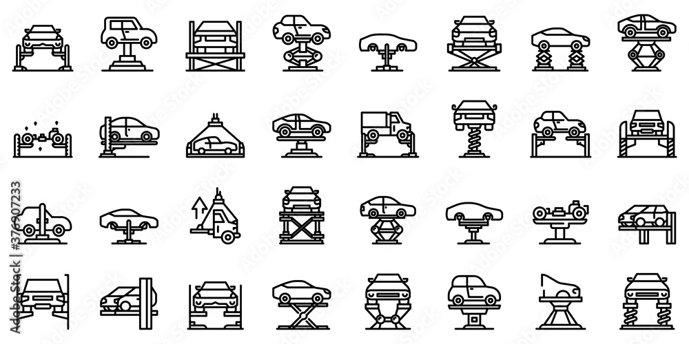 Car lift icons set. Outline set of car lift vector icons for web design isolated on white background Car lift icons set. Outline set of car lift vector icons for web design isolated on white background