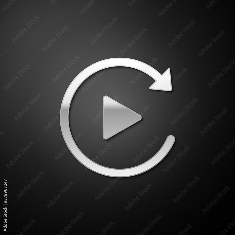 Silver Video play button like simple replay icon isolated on black background. Long shadow style. Vector. Silver Video play button like simple replay icon isolated on black background. Long shadow style. Vector.