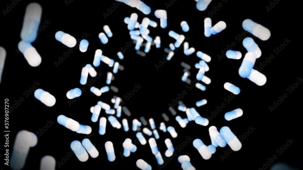 Flying many medical capsules on black background. Medicine and pharmaceutical concept. 3D animation of blue pill capsule rotating. Loop animation. Flying many medical capsules on black background. Medicine and pharmaceutical concept. 3D animation of blue pill capsule rotating. Loop animation.
