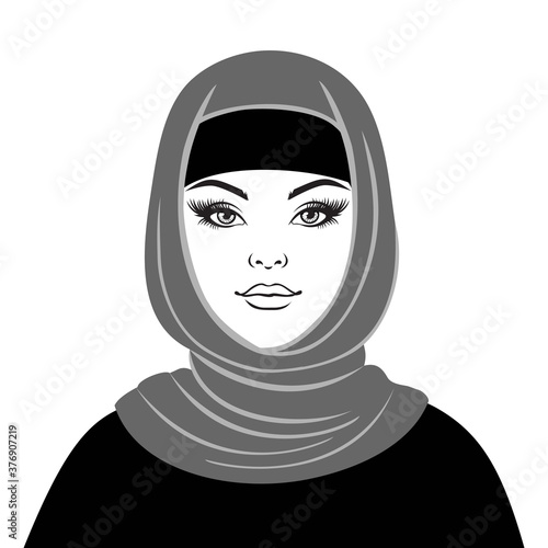 Beautiful muslim woman in hijab. Black and white vector illustration for avatar, logo. (ID: 376907219)