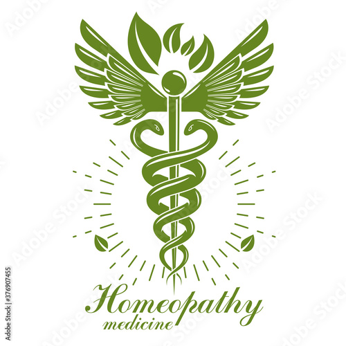 Caduceus logo composed with poisonous snakes and bird wings, healthcare conceptual vector illustration. Alternative medicine theme.