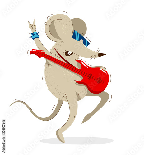 Funny cartoon mouse plays electric guitar like a rock star vector illustration, music hobby theme, humorous rat cartoon.