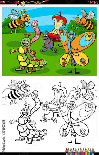 cartoon funny insects group coloring book page