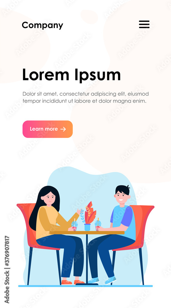 Young couple sitting in cafe and drinking bubble tea. Date, love, coffee flat vector illustration. Relationship and family concept for banner, website design or landing web page Young couple sitting in cafe and drinking bubble tea. Date, love, coffee flat vector illustration. Relationship and family concept for banner, website design or landing web page