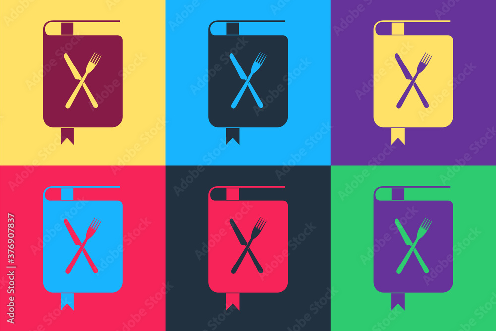 Pop art Cookbook icon isolated on color background. Cooking book icon. Recipe book. Fork and knife icons. Cutlery symbol. Restaurant symbol. Vector. Pop art Cookbook icon isolated on color background. Cooking book icon. Recipe book. Fork and knife icons. Cutlery symbol. Restaurant symbol. Vector.