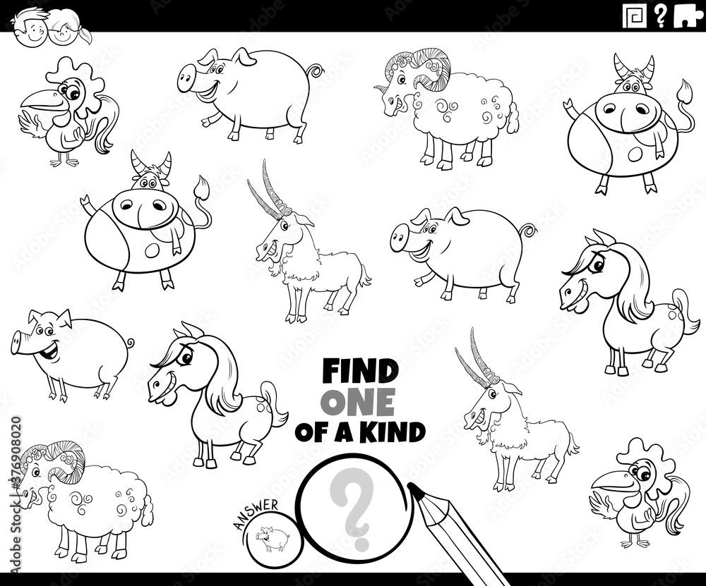 one of a kind game with farm animals coloring book page