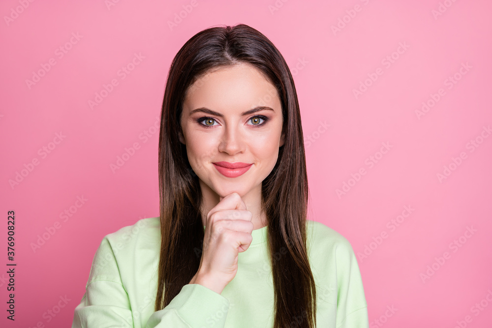 Closeup photo of funny attractive lady straight long hairdo hand finger on chin clever creative person friendly smiling wear casual green sweatshirt pullover isolated pink color background Closeup photo of funny attractive lady straight long hairdo hand finger on chin clever creative person friendly smiling wear casual green sweatshirt pullover isolated pink color background