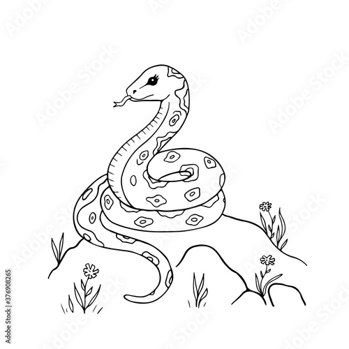 Cute cartoon snake for coloring page or book. Black and white outline vector 10 EPS illustration of animal character.