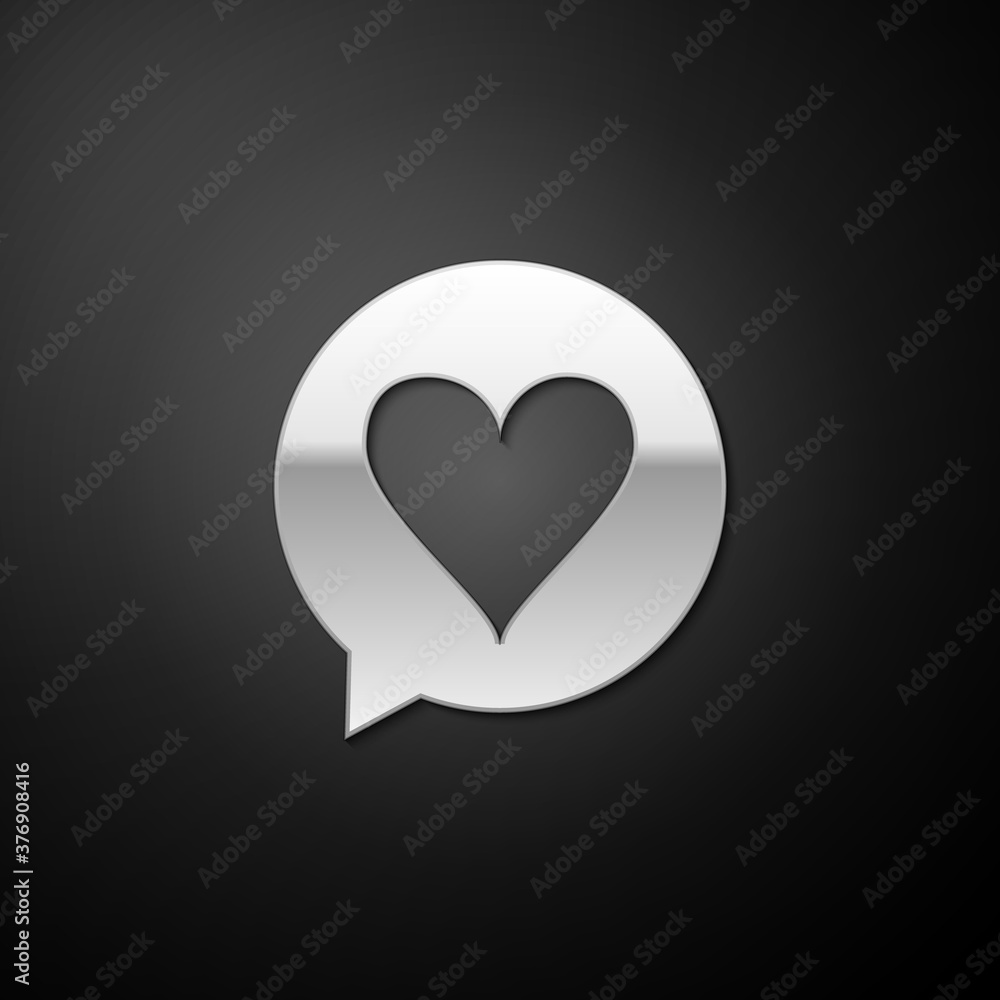 Silver Heart in speech bubble icon isolated on black background. Heart shape in message bubble. Love sign. Valentines day symbol. Long shadow style. Vector. Silver Heart in speech bubble icon isolated on black background. Heart shape in message bubble. Love sign. Valentines day symbol. Long shadow style. Vector.
