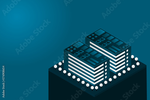 Smart city or intelligent building isometric vector concept. Modern smart city urban planning and development infrastructure buildings. Creative vector illustration on gradient background.