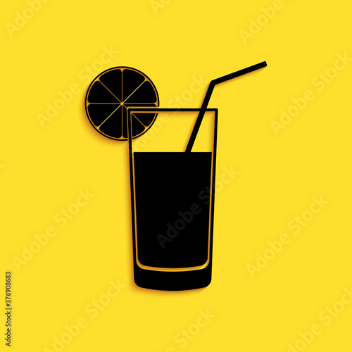 Black Glass of juice icon isolated on yellow background. Orange slice and tube for drinking. Healthy organic food. Long shadow style. Vector.