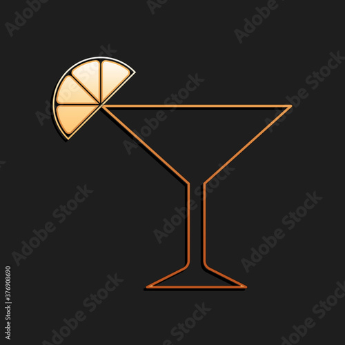 Gold Martini glass icon isolated on black background. Cocktail with lime symbol. Long shadow style. Vector.