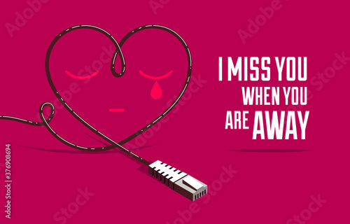 Missing a partner lover vector concept with internet plug in a shape of heart poster or banner, online love, internet relations.