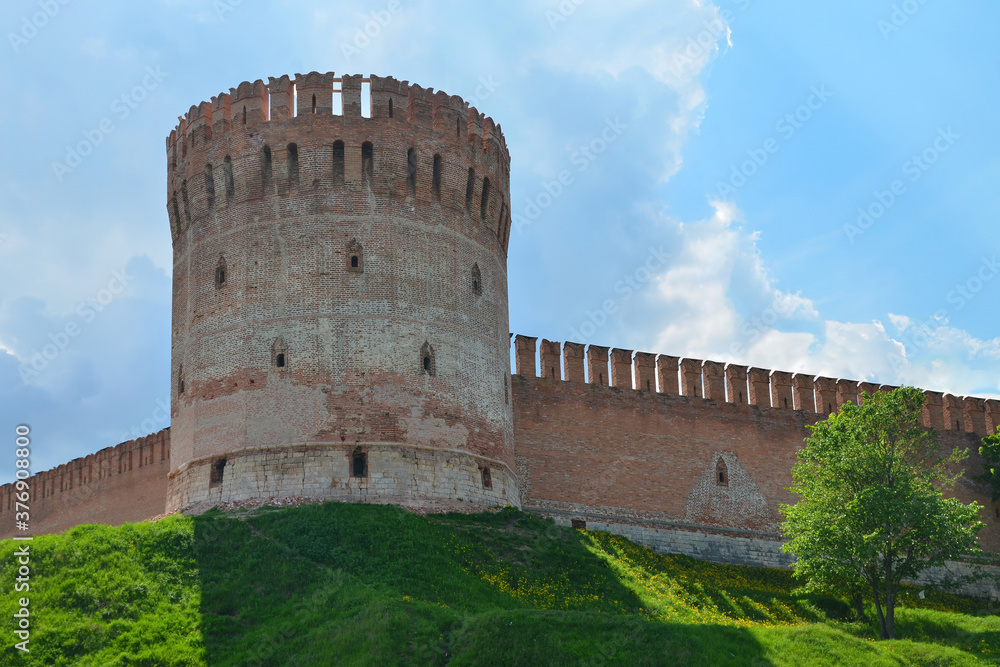 Wall and Eagle (Orel) tower of the Kremlin (fortress). Smolensk city, Smolensk Oblast, Russia.