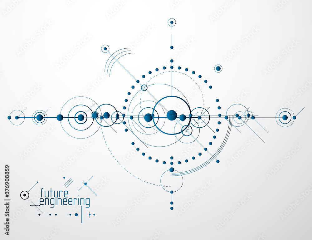 Fototapeta premium Engineering technological vector wallpaper made with circles and lines. Modern geometric composition can be used as template and layout. Abstract technical background.
