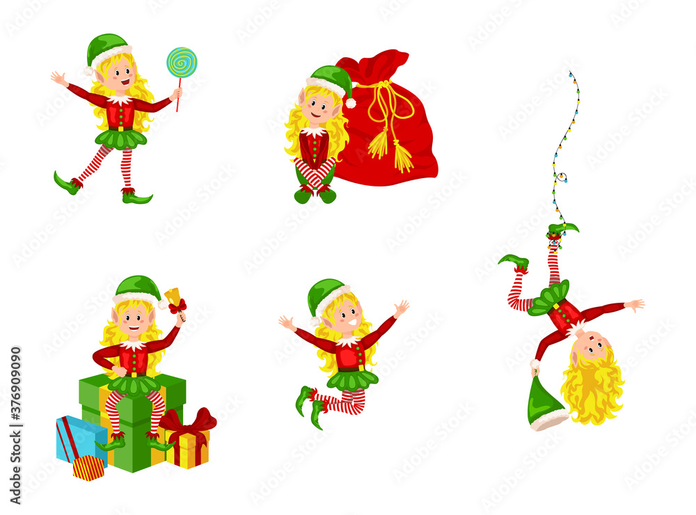 Christmas elfs kids vector children Santa Claus helpers cartoon elfish girls. Girl elves with green costume holding gifts and playing. Vector illustration EPS10