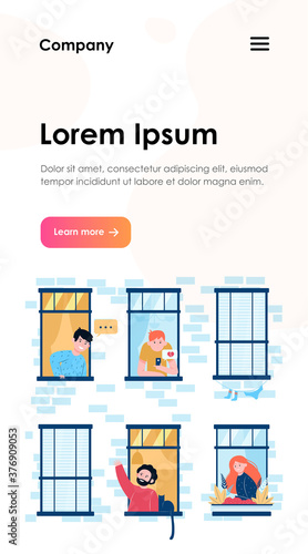 Friendly neighbors looking at windows. Friendship, neighbor, building flat vector illustration. Lifestyle and neighborhood concept for banner, website design or landing web page