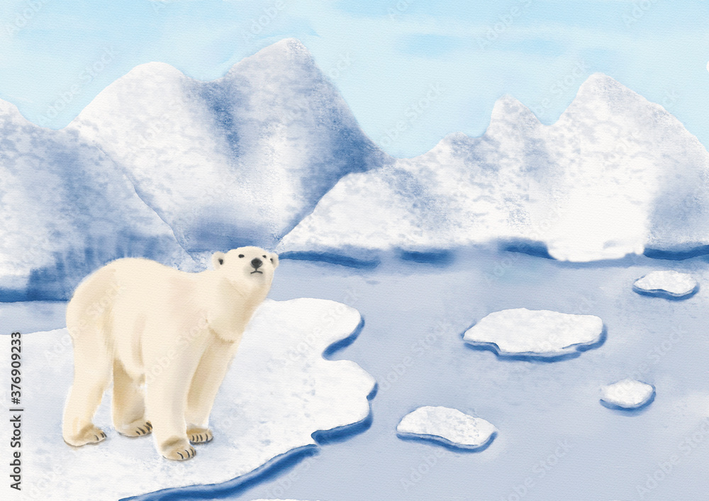 Watercolor Illustration of a polar bear standing on an ice floe looking ...