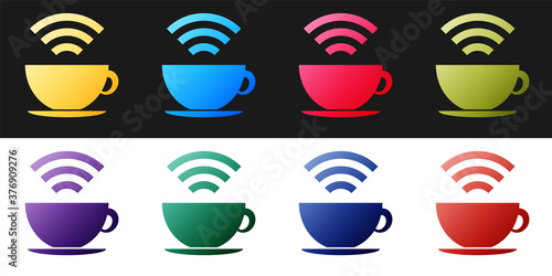 Set Cup of coffee shop with free wifi zone icon isolated on black and white background. Internet connection placard. Vector.