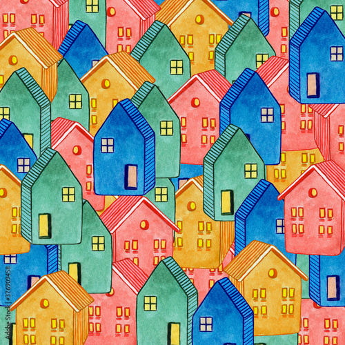 Pattern of colorful houses watercolor painting 