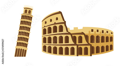Colosseum and Leaning Tower of Pisa Tourist attraction set. Travel, journey concept. Famous monuments of world countries. 