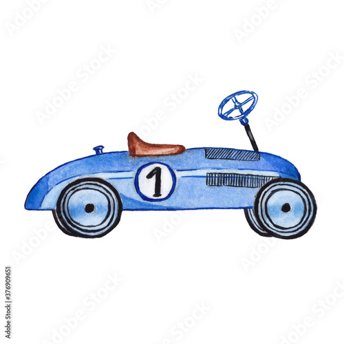 Children's toy car watercolor painted on a white background. Illustration of a blue sports car for children.