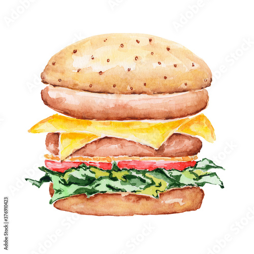 Burger watercolor painting on a white background. Illustration of a street food, burger. Juicy and colorful fast food.