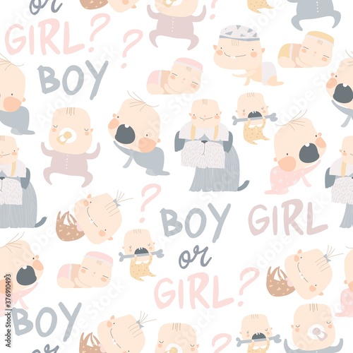 Seamless pattern with cute babies on white background