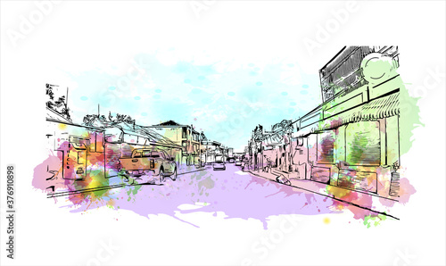 Building view with landmark of Azua de Compostela, also known simply as Azua, is a municipality and capital of Azua Province. Watercolor splash with hand drawn sketch illustration in vector. photo