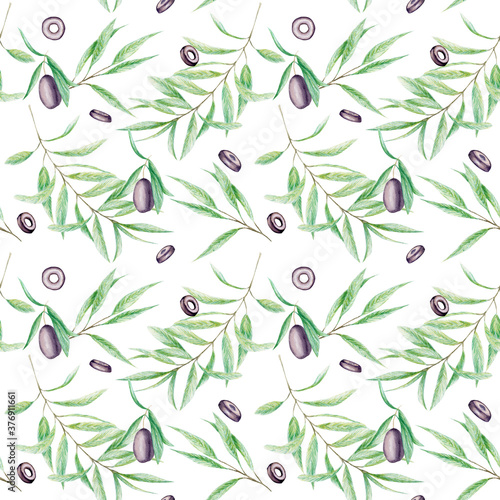 Seamless pattern Watercolor black olive tree branch leaves, Realistic olives illustration on white background, Hand painted fabric texture. Design for invitations, poster, greeting card, label concept