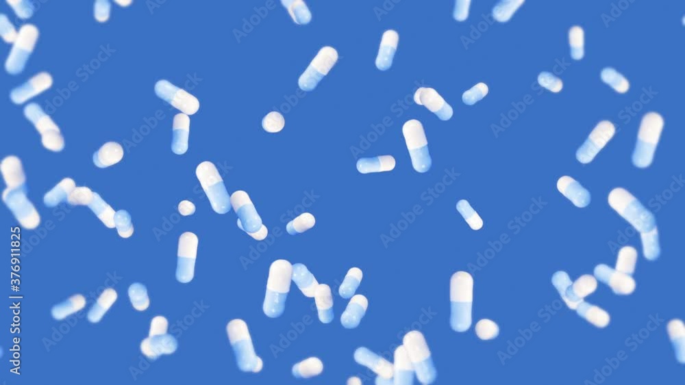 Flying many medical capsules on blue background. Medicine and pharmaceutical concept. 3D animation of white pill capsule rotating. Loop animation. Flying many medical capsules on blue background. Medicine and pharmaceutical concept. 3D animation of white pill capsule rotating. Loop animation.
