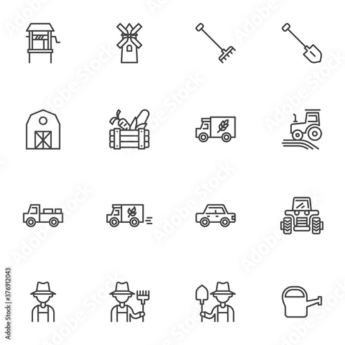 Agriculture and farming line icons set, outline vector symbol collection, linear style pictogram pack. Signs, logo illustration. Set includes icons as farmers, harvester truck, tractor and field