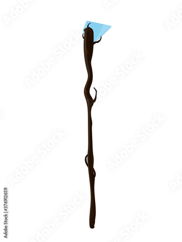 The wizard's staff. Wooden staff with a crystal. Isolated. Vector.