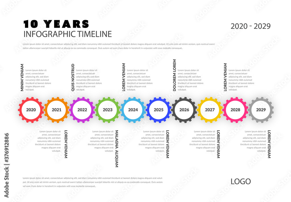 Fototapeta premium Small gear wheels infographic layout with colored edges, annual timeline template