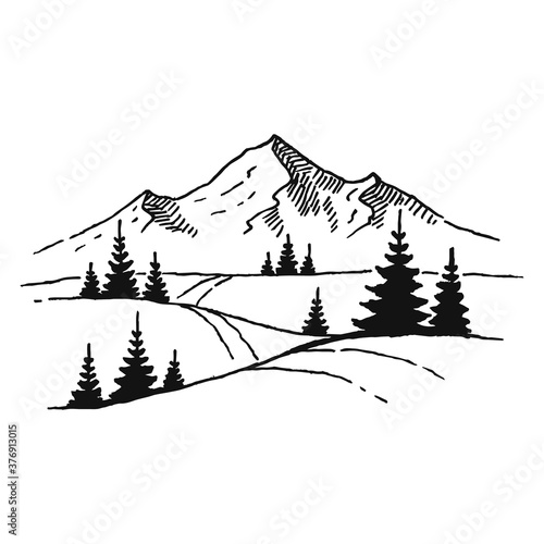 Hand drawn vector illustration of mountain landscape with pine trees.
