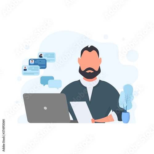 Businessman works at a laptop. A man in a jacket. Isolated. Vector.