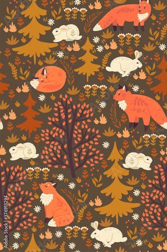 Forest seamless pattern with foxes and hares. Vector graphics.