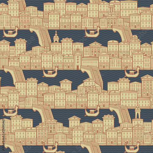 Decorative seamless pattern with old houses along the canals with bridges and gondolas. Vector cityscape background in retro style, suitable for wallpaper, wrapping paper, fabric, textile